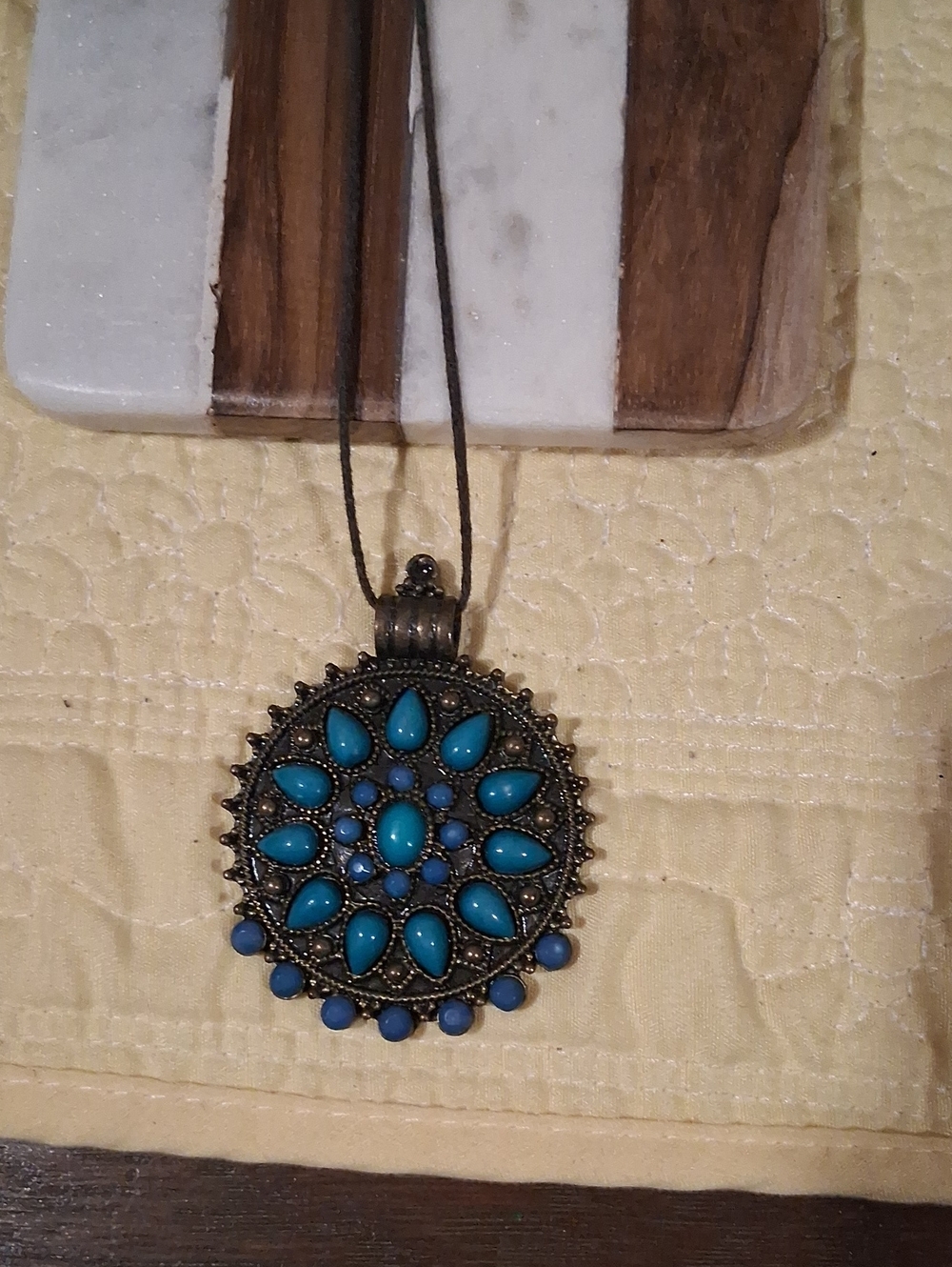 Turquoise Stone Mandala Pendant Necklace  On Thin Suede Like Cord